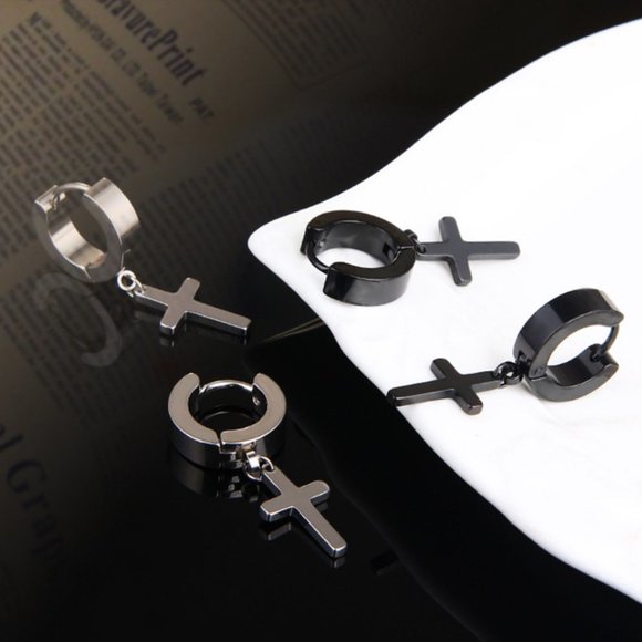 Black Stainless Steel Cross Drop Earrings - Picture 8 of 10